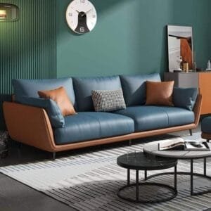 Modern sofa with blue and brown accents